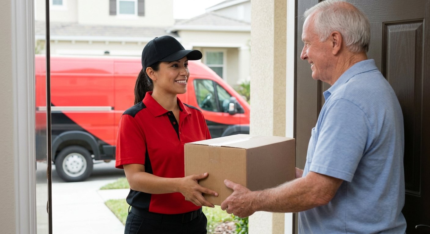 Courier delivering a package to a customer at their front door
