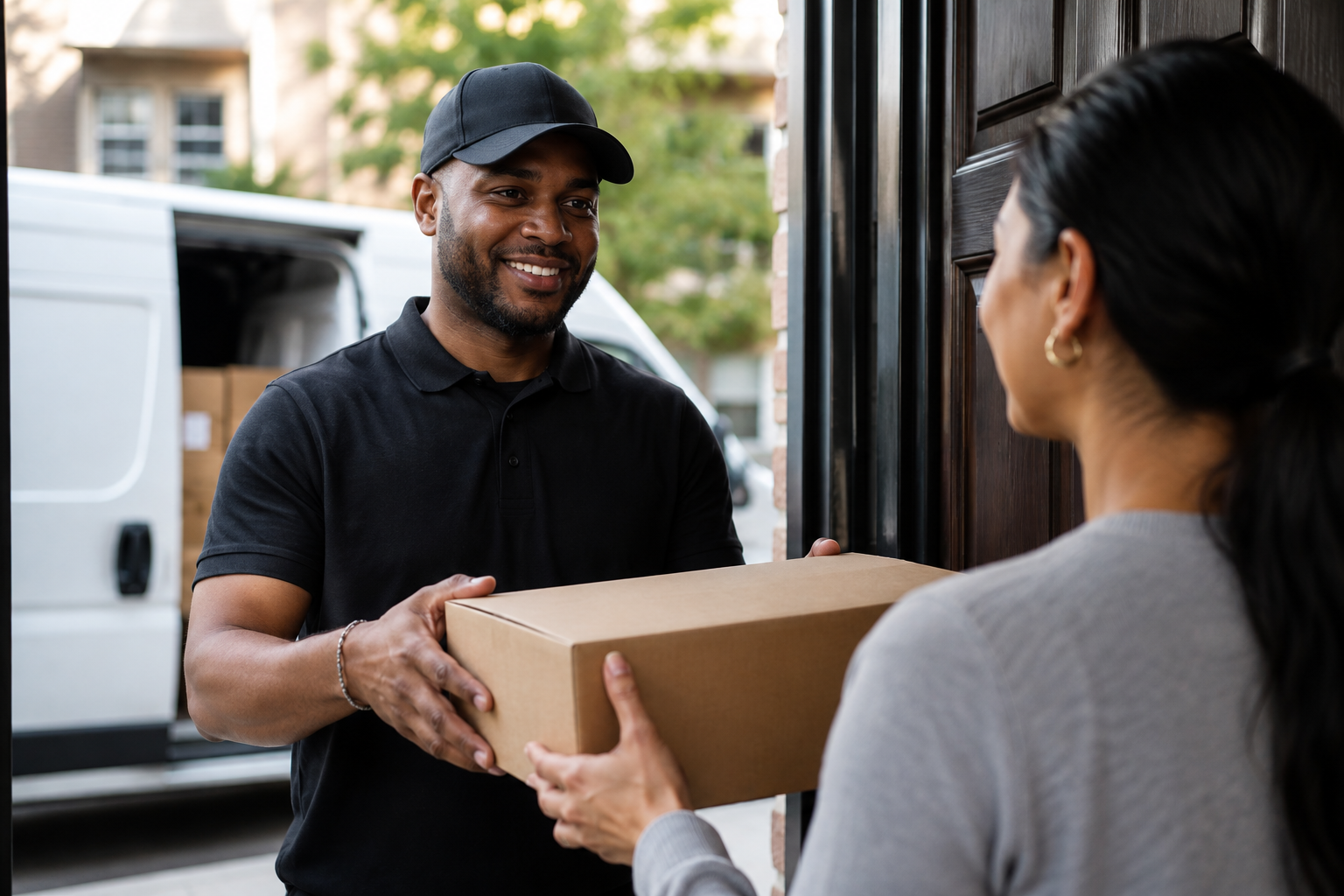 Courier handing a package to a customer at their front door