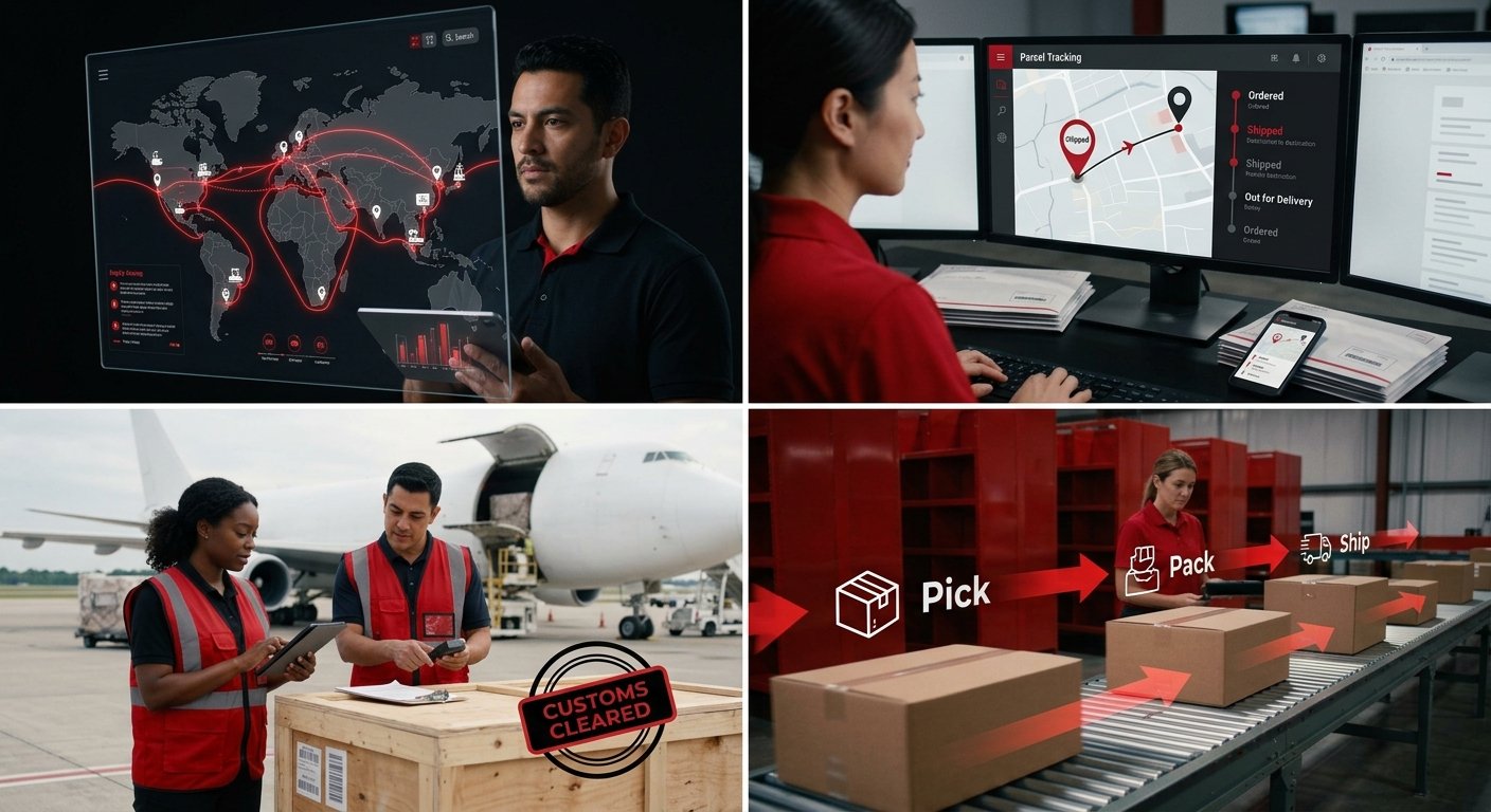 Live shipment tracking preview showing a route on a map, a live position marker, and an email alert notification